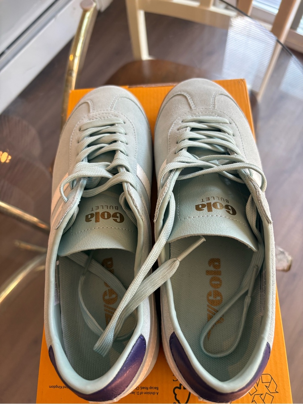 Gola Women's Light Teal Suede Sneakers with White Stripes and Purple Heel - Picture 4 of 4